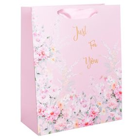   Dísztasak matt 26x32 cm rózsaszín virágos Just for you felirattal