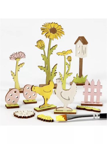 Húsvéti fa dekoráció készítő kreatív szett, 15x17cm, húsvéti kert (tyúk, tojás, virág)