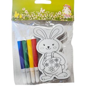   Húsvéti színezhető, dekorálható nyuszi formák (5,5x9,5cm), 3 előrajzolt habszivacs nyuszi és 4 db színes filctoll egy csomagban