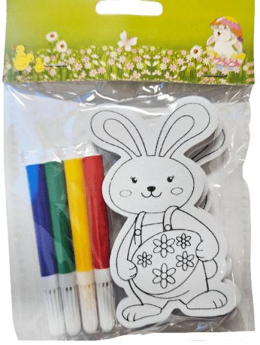 Húsvéti színezhető, dekorálható nyuszi formák (5,5x9,5cm), 3 előrajzolt habszivacs nyuszi és 4 db színes filctoll egy csomagban