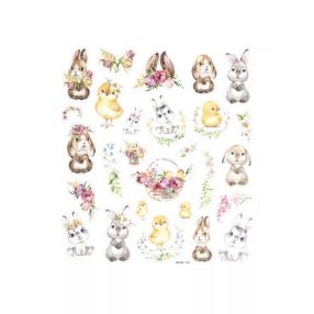 Matrica, húsvéti, nyuszik, csibék és virágok,15x17cm