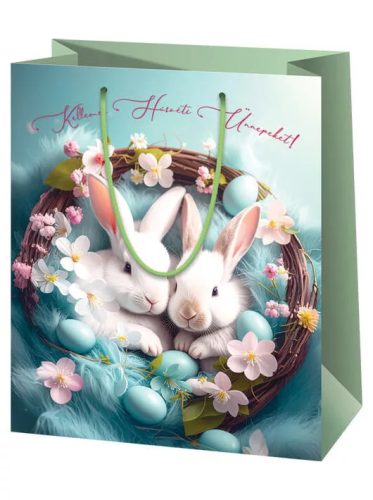 Húsvéti ajándéktáska 14x11x6cm, kicsi, kék, két nyuszi koszorúval
