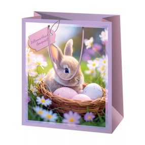   Húsvéti ajándéktáska 14x11x6cm, kicsi, lila, nyuszi tojásokkal egy kosárban